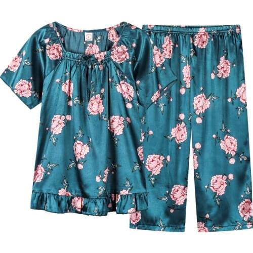Silk short sleeve cropped trousers pyjamas for women summer floral print ladies casual set o-neck female homewear plus size XXXL