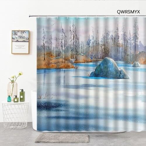 Winter Snow Scene Shower Curtain 3D Print Modern Hand Painted Watercolor Snowy Trees Bathroom Curtains Fabric Bathroom Products