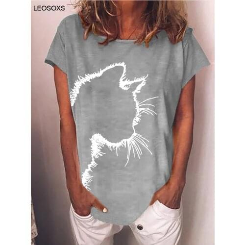 Womens Summer 2021 T-Shirt Harajuku Cat Head Print Casual Loose Round Neck Short Sleeve All-match T Shirt