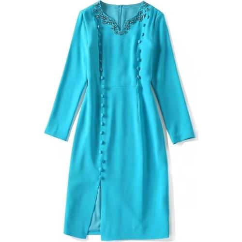 European and American womens wear new autumn 2022 Long sleeve heavy nail bead v-neck Fashionable slit dresses