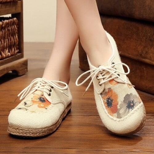 Ink Wash Painting Womens Linen Cotton Sneakers Comfortable Low Top Lace up Flat Shoes Ladies Breathable Walking Flats