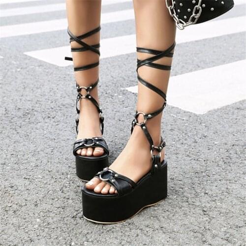 PXELENA Rivet Women Punk Rock Gothic Gladiator Sandals Wedge High Heels Platform Cross tied Strappy Rome Shoes Large Size 34-45