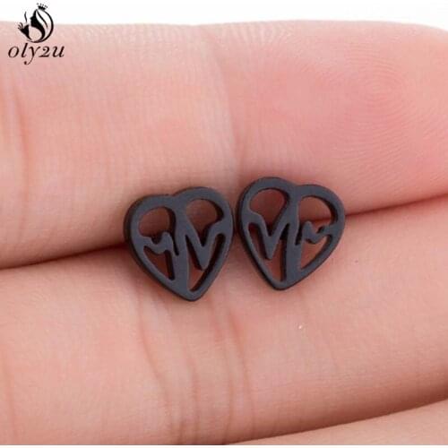 Oly2u Fashion Medical ECG Heartbeat Stud Earrings for Women Nurse Black Stainless Steel Earings Jewelry Heart Earing bijoux