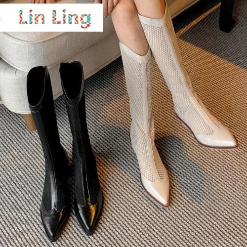 Mesh Hollow Boots Pointed Mesh Boots Women All-Matching Chunky Heel High Mid Heel 2021 Spring and Summer New Western Sandal