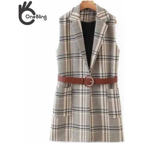 OneBling 2021 women ZA khaki plaid pattern long vest coat with belt office ladies waistcoat sleeveless blazer elegant top