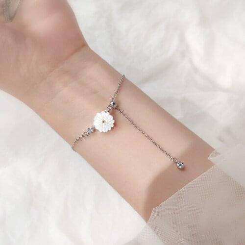 100% real. 925 Sterling silver Fine Jewelry Shell Daisy Flower Chain Bracelet Beads Tassel cz womens C-S3863