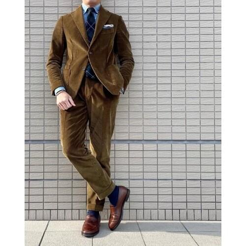 New Arrival Corduroy Men Suits Wide Notch Lapel Terno Masculino Prom Blazer 2 Pc For Wedding Groom Tuxedo Slim Fit Costume Homme