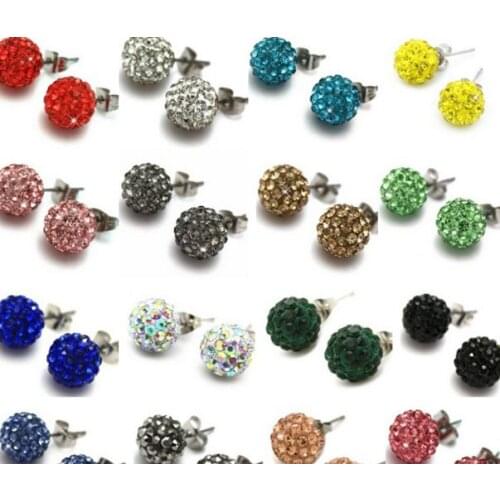 20pair/lot 10mm disco ball bead mixed white multicolor stainless steel Crystal Beads stud earrings silver plated w7554