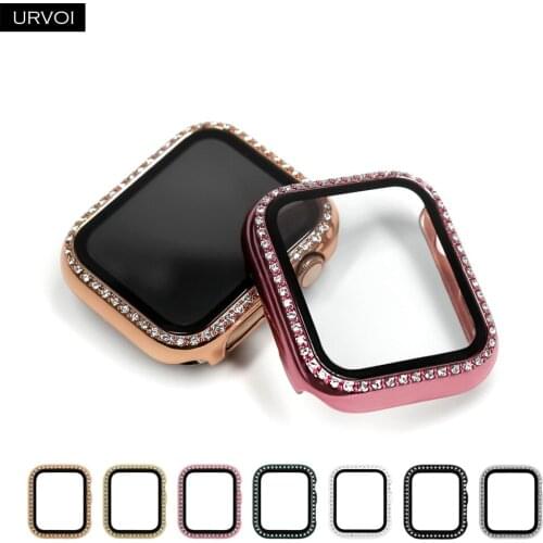 URVOI Full case for Apple Watch series 6 SE 54 32 shiny Plastic bumper frame zircon cover glass film for iWatch screen protector