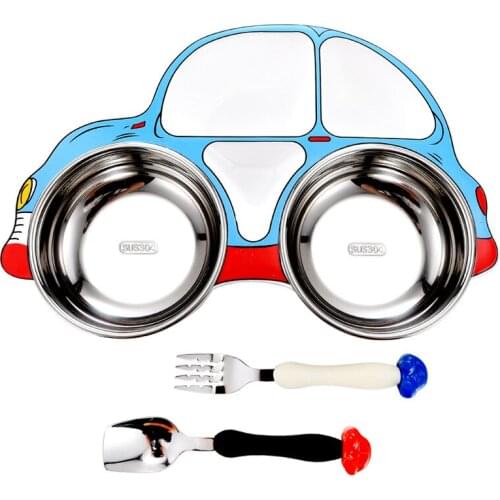 304 Stainless Steel Childrens Car Dinner Plate Baby Food Supplement Rice Bowl Free Fork Spoon Childrens Tableware Combination
