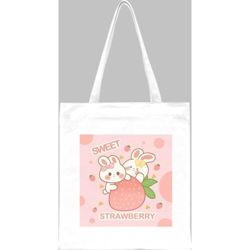 Women Canvas Shopping Bag Female Canvas Shoulder Bag Cute Cartoon Strawberry Rabbit Printed Bag Girl Fresh Pure Chaste Ins Style