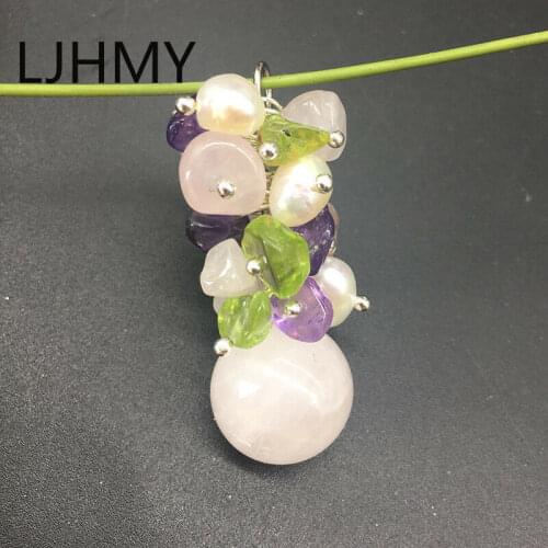 LJHMY Natural Amethyst Rose Quartz Peridot Stone FreshWater Pearl Pendant Necklace Women Natural Stone Pendant