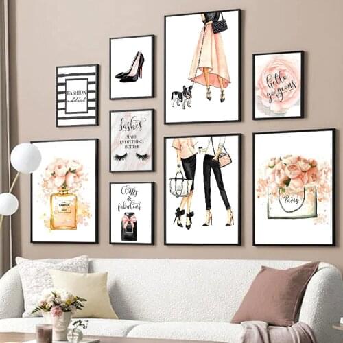 Fashion Girl Flower Paris Perfume Bag Nordic Poster Modern Wall Art Print Canvas Painting Decoration Pictures For Living Room