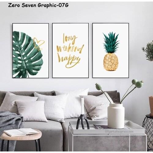 Fashion Wall Art Decoration Contrast Color Golden Pineapple Watercolor Monstera Golden Quote Canvas Poster Print For Living Room