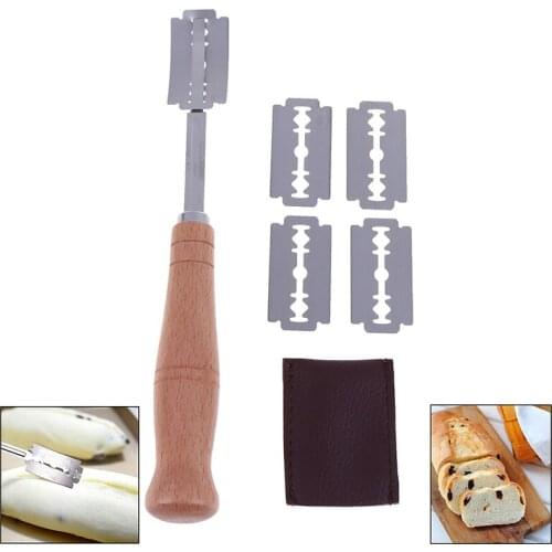 5 Blades Bread Bakers Lame Slashing Tool Dough Making Cutter Wood Handle Set Baking Sour Bread Jar Scoring Knife Razor Cutter