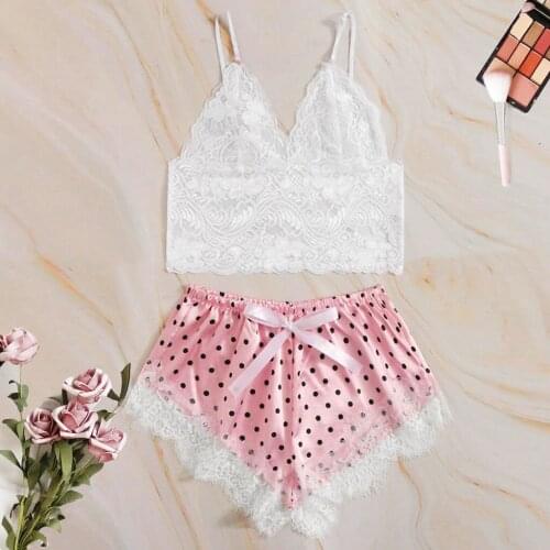 2pcs Sexy Lingerie Pajama Prant Set White Lace Deep V Neck Sleeveless Womens Pajamas Polka Dot Pink Shorts Pyjama Pour Femme