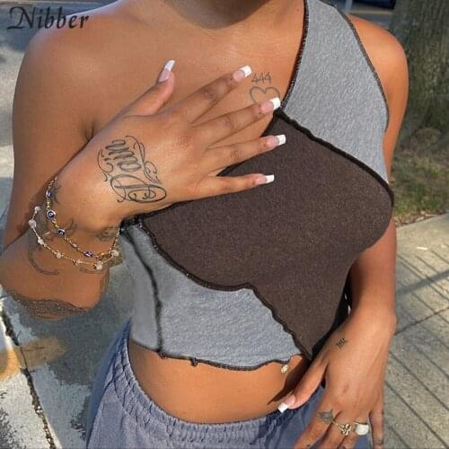 Casual Contrast knitting camisole street womans One shoulder patchwork tank top club activity female bodycon crop tops