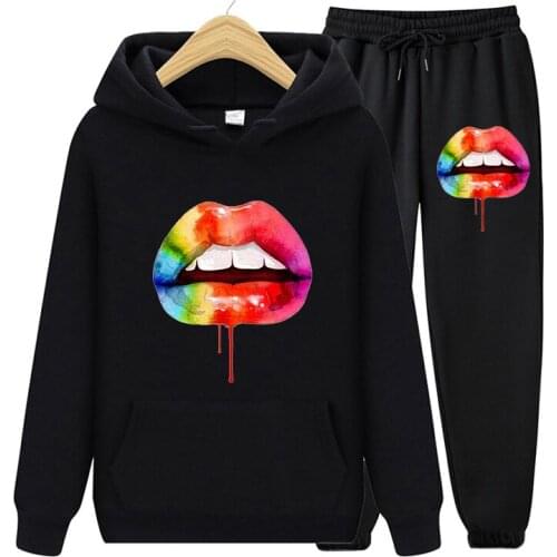Red Mouth Lip Print Tracksuit Women Hoodies Sweatshirts And Long Pants Two Piece Sets Autumn Winter Casual Oversized Outfits