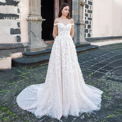 Michelle Royce A-Ling Wedding Dresses 2020 Sexy V-neck Appliques Off The Shoulder Lace up Princess Court Train Vestido De Noiva