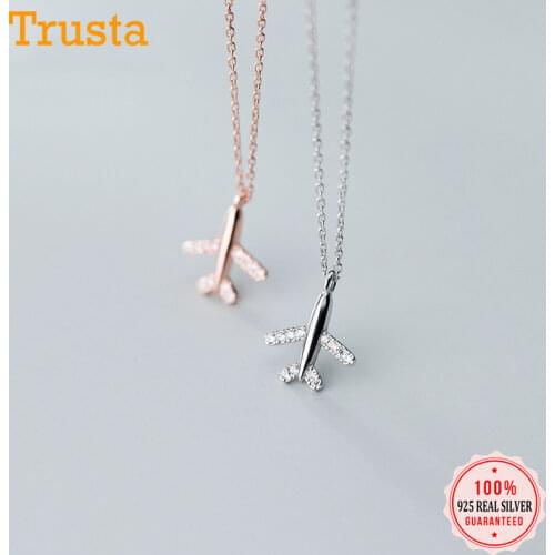 Trusta Authentic 925 Sterling Silver Fashion Travel Plane Twinkling CZ Pendant Short Necklace For Women Silver 925 Jewelry DA805