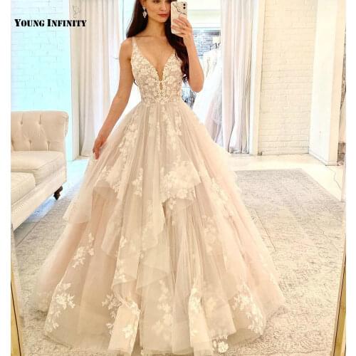 In Fashion A Line Wedding Dresses 2021 Sleeveless Bridal Gown Illusion Back V Neck Court Train Applique White Plus Size Bride