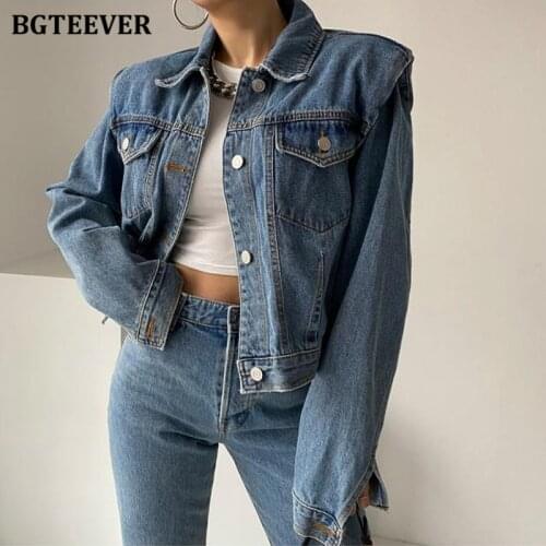 BGTEEVER Vintage Single-breasted Short Jeans Jackets for Women 2021 Autumn Outwear Tops Long Sleeve Loose Female Denim Jackets