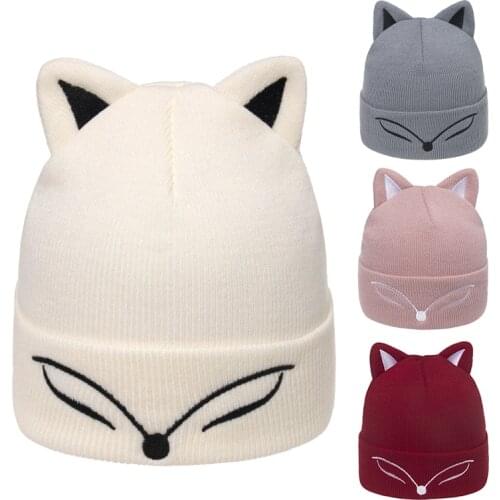 Thickened Knitted Hat fox ear Embroidered Pullover Hat Autumn Winter Knitted Hat Blinking embroidery Womens Warm Hat Women Cap