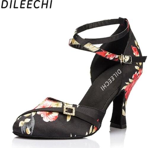 DILEECHI The Chinese style black satin Autumn and Winter womens Latin modern Dance Shoes Ballroom dancing shoes 6CM
