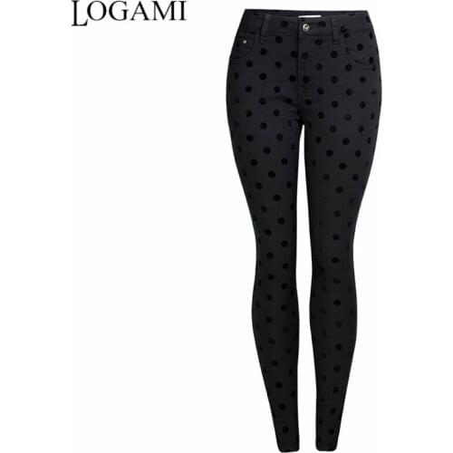 LOGAMI Dot Print Skinny Jeans Woman Black Mid Waist Pecil Denim Pants WomenS Casual Jeans