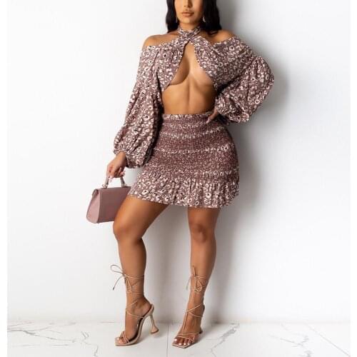 Sexy Skirt Sets Floral Print Long Sleeve Halter Backless Blouse & Mini Skirt Elegant Autumn Clothes Fashion 2 Piece Matching Set