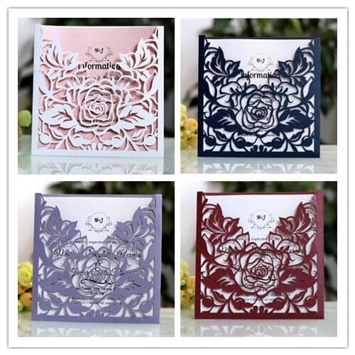 100PCS/LOT Size 15*15CM Square Wedding Invitation Card Laser Cut Rose Design White Blue Purple Red