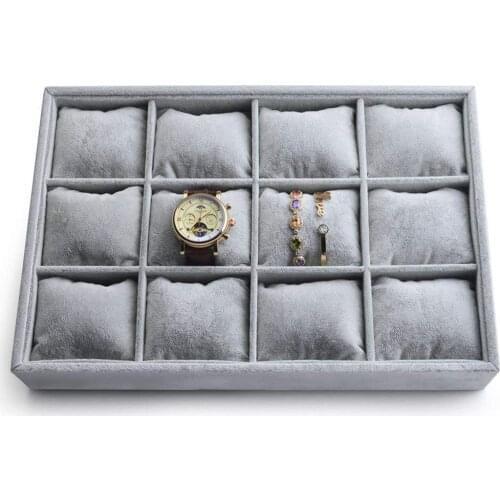 12 Grid Gray Velvet Premium Watch Organizer Jewelry Tray Bracelet Bangle Display Holder Adjustable Pillow Jewelry Showcase