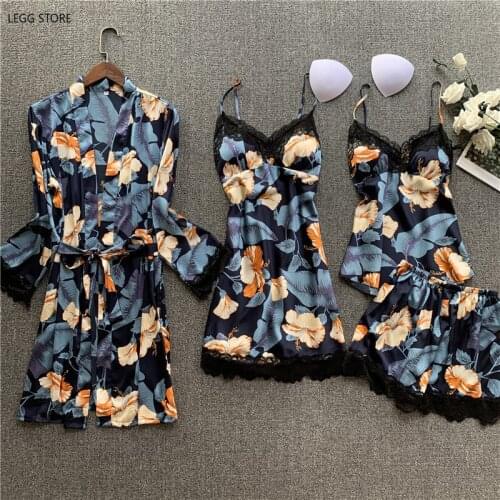 2021 Silk Pajama Sets Women Robe Sleepwear Sling Short 4 Pieces Pyjamas Sets Spring Summer Satin Lace Pijama Bathrobe