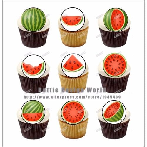 24 Watermelon Edible Cake Topper Wafer Rice Paper Red Green Cupcake Cookie Topper Birthday Baby Shower Party Decoration Supplier