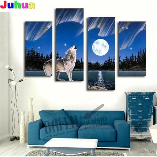 4 pcs set Blue Moon Night Animal 5d diy diamond painting full drill mosaic wolf diamond stitch embroidery gift home decor