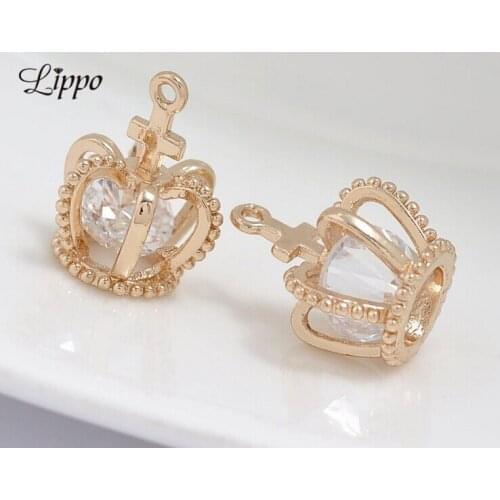 5pcs Zircon King Crown Charm 3D 24k Gold Color Cross Crown Charms Endless Pendant Hand Made Fine Jewelry