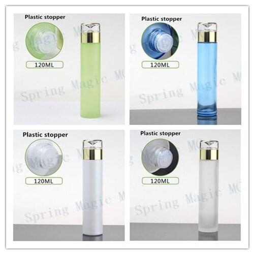 50PCS High-Quality120ML Blue/Green/Frosted/Pearl White Glass Bottle With Plastic Stopper Acrylic Gold Lid Cosmetic Packaging