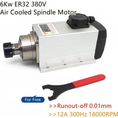 6Kw ER32 Square Air Cooled Spindle Motor Runout-off 0.01mm 12A 300Hz 18000RPM 380V for CNC Milling Engraving Router Machine