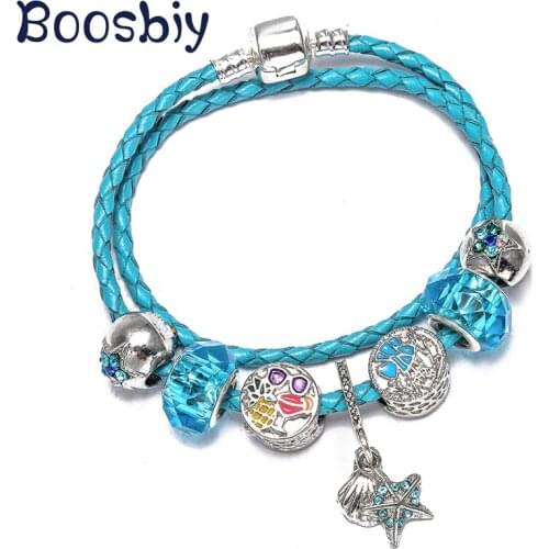Boosbiy Summer Style Blue Leather Charm Bracelet With Starfish Pendant DIY Original Brand Bracelets For Women Jewelry Gift