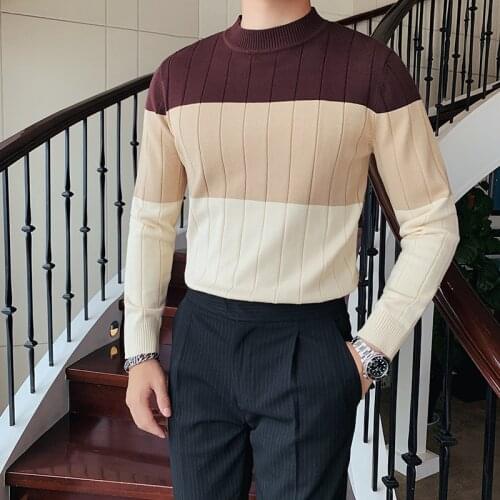British Style Autumn Winter Sweater Men Clothing Fashion 2020 Long Sleeve O-Neck Mens Casual Sweaters Patchwork Color Pull Homme