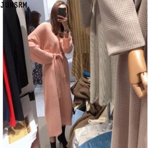 One-Piece Pink Knit Dress Women Korean Slim Office Pullover Knitted Sweater Dress 2020 New Winter Female Lace-Up Midi Dress Robe