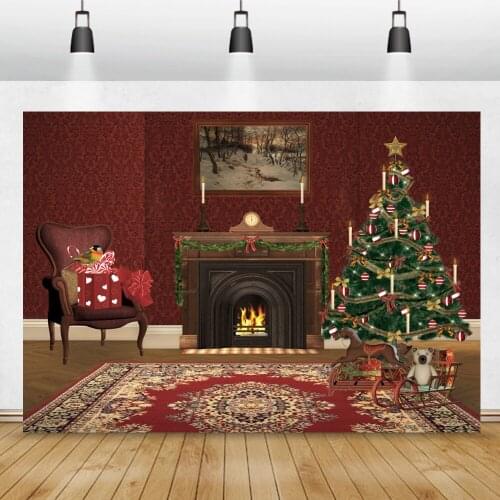 Photo Backdrop Winter Christmas Tree Fireplace Gifts Bear Forest Snowscape Family Shoot Child PortraitPhotography Background