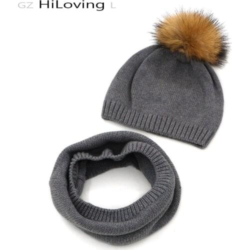 GZHilovingL New Winter Soft Cotton Scarf Hat Set Kids Boys Girls Fur Pompom knitted Beanie Hat Child Baby Solid Scarfs Ring Set