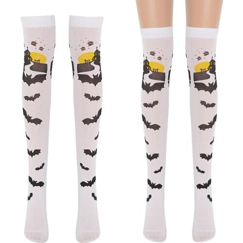 Halloween Cosplay Long Sock Skull Skeleton Castle Bat Women Thigh High Stockings