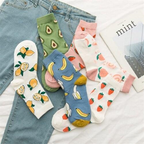 Cartoon Fruit Print Cotton Mid Socks For Women Watermelon Lemon Strawberry Banada Avocado Korean Version Women Cute Sock