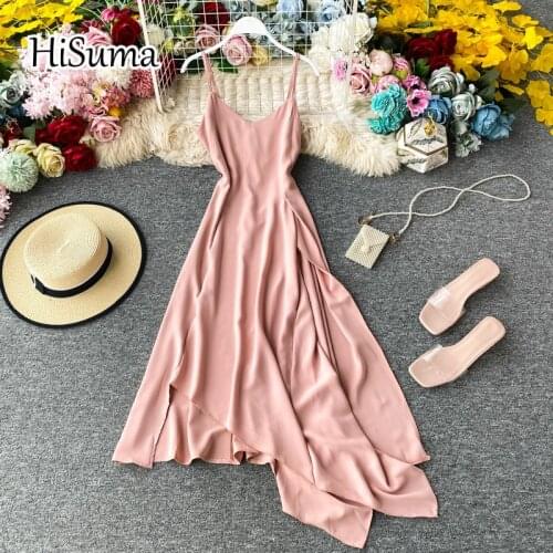 HISUMA 2020 summer new women chic strap V neck split chiffon fairy irregular dress female sling elegant A-line dresses