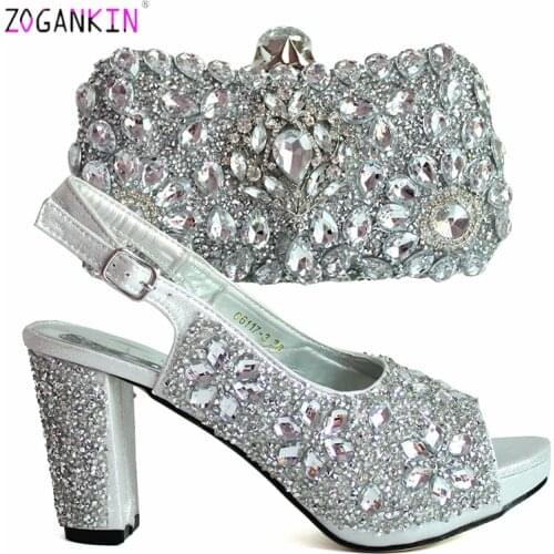 Fashionable Shoes and Bag to Match African Design with Shinning Crysta Matching Shoes and Bag Set for Royal Party in Silver Colo