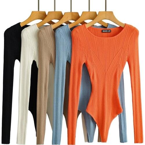 New Arrival Solid O Neck Long Sleeve Black Beige Khaki Blue Orange Bodysuit Top Women Jumpsuit