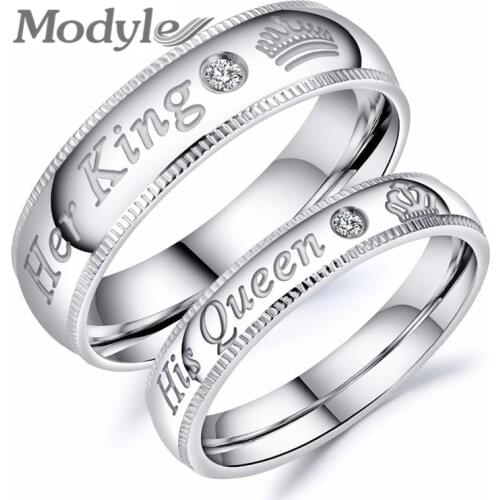 Modyle New Fashion Dropshipping Couple Jewelry Lovers Her King and His Queen Stainless Steel Wedding Rings for Women Men