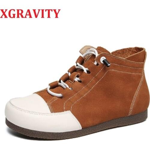 XGRAVITY New Lazy Ladies Fashion Matte Cow Leather Boots Lace Up Fashion Womens Casual Boots Comfort Sneaker Ladies S140